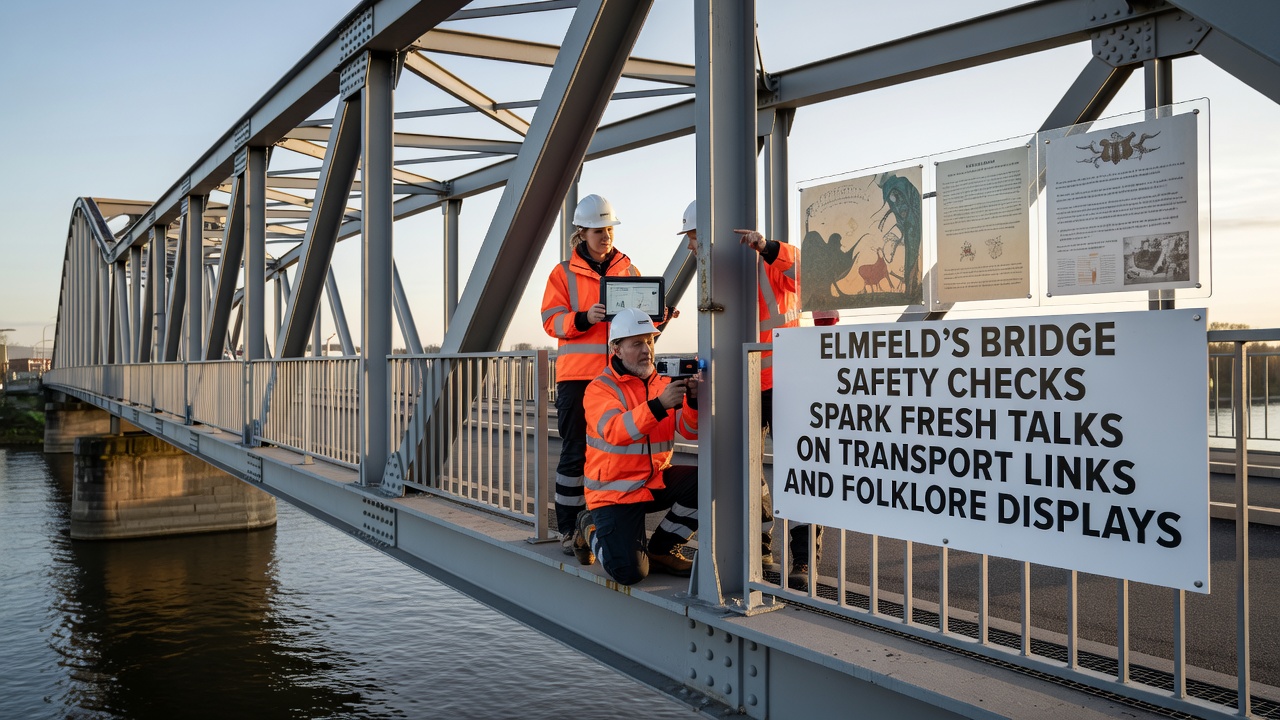 Community members viewing folklore display panels near Elmfeld bridge