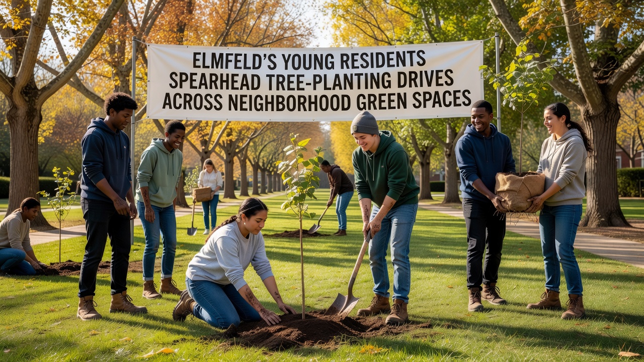 Elmfeld youth volunteers work together to plant saplings in a neighborhood park during an organized drive